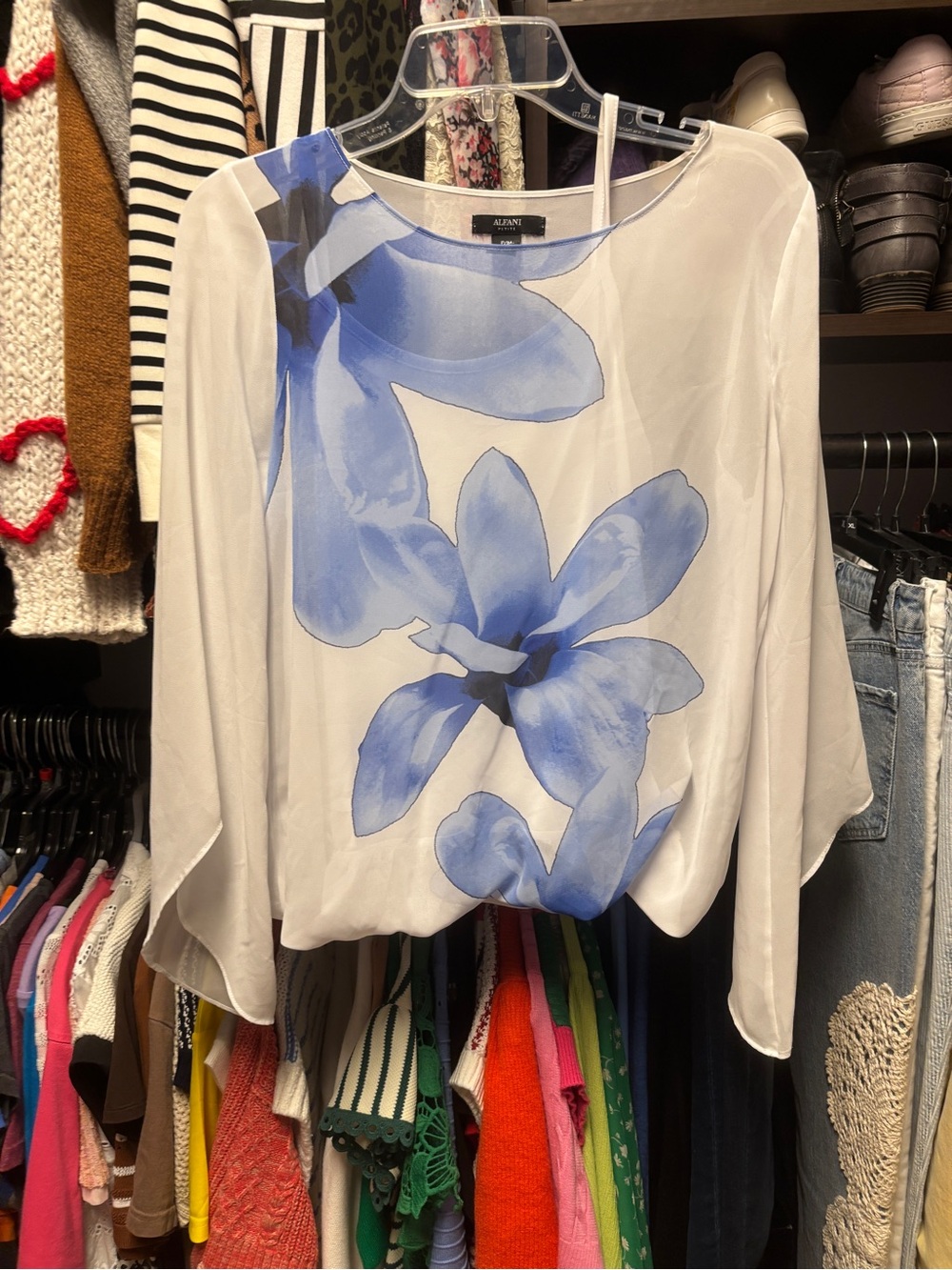 Alfani White Blouse with Large Blue Floral Motif